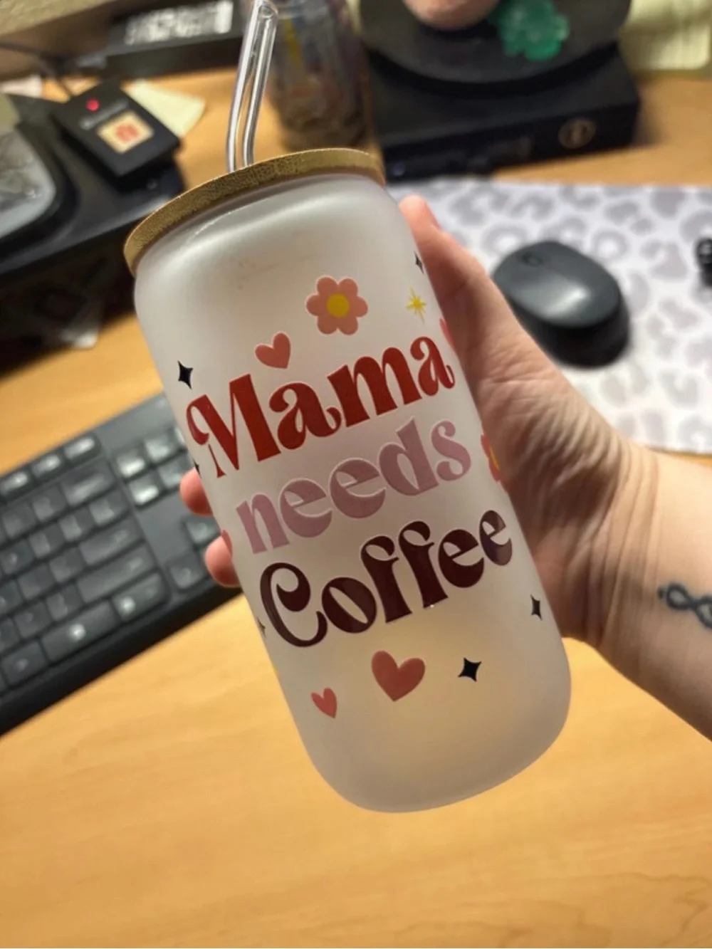 Mama Needs Coffee Frosted Glass Tumbler - Pink & Brown